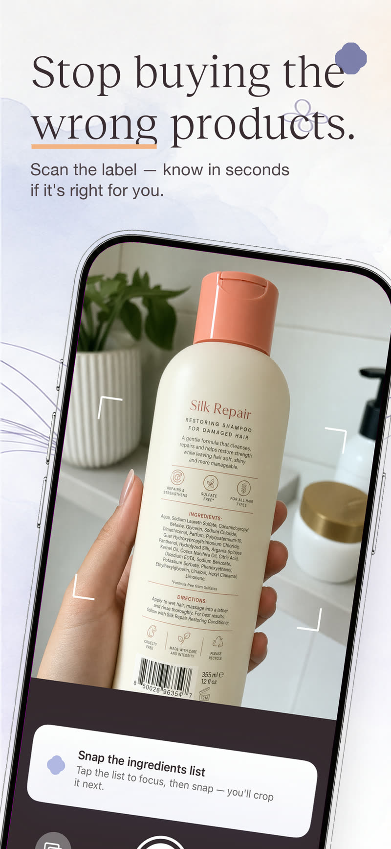 Baely app screenshot: Stop buying the wrong products. Scan the label and know in seconds if it's right for you.